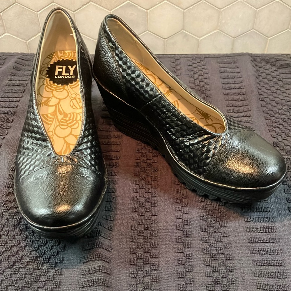 Fly London Black Textured Leather Wedge Heels